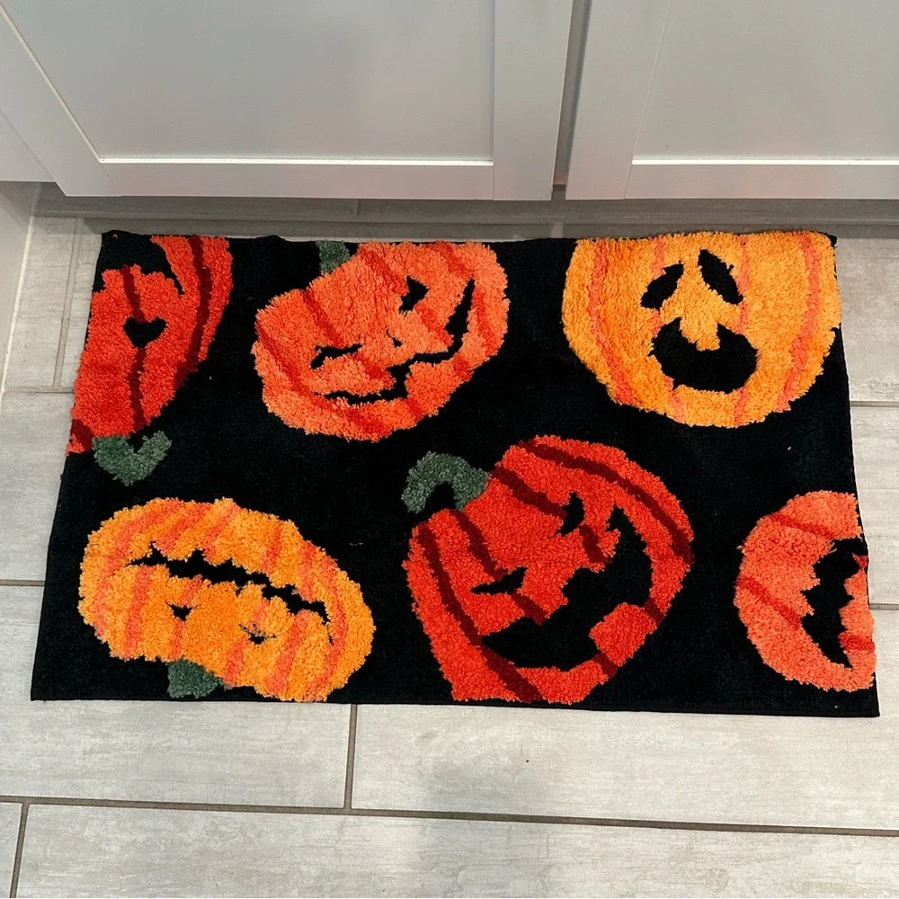 Festive Pumpkin Halloween Door Kitchen Bathroom Mat - Black and Orange Decor